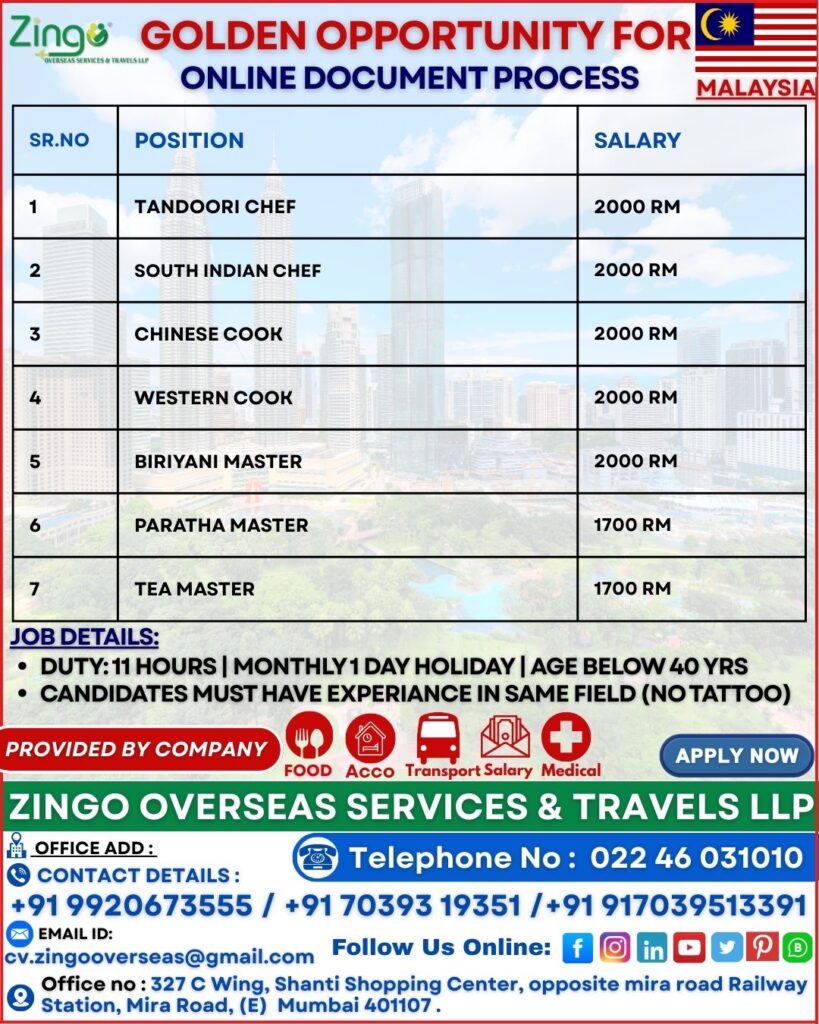 JOB OPENING FOR MALAYSIA